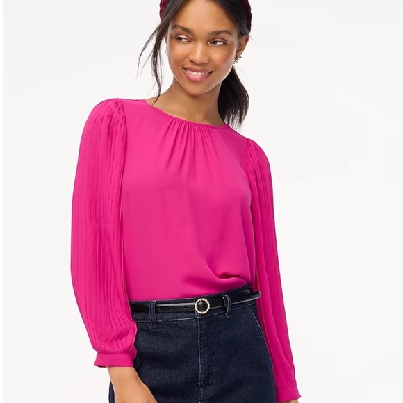 J. Crew Fuchsia Pink High Neck Relaxed Fit Pleated Long Sleeve Top Career  BV630 - Picture 1 of 15